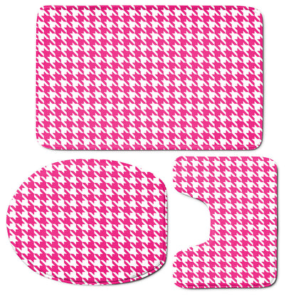 Hot Pink And White Houndstooth Print 3 Piece Bath Mat Set