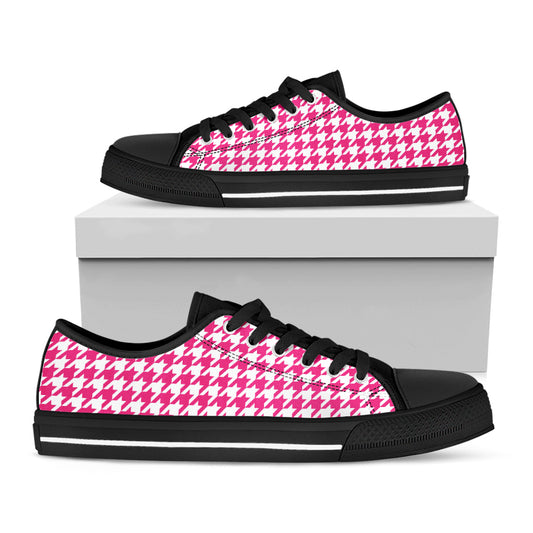 Hot Pink And White Houndstooth Print Black Low Top Shoes