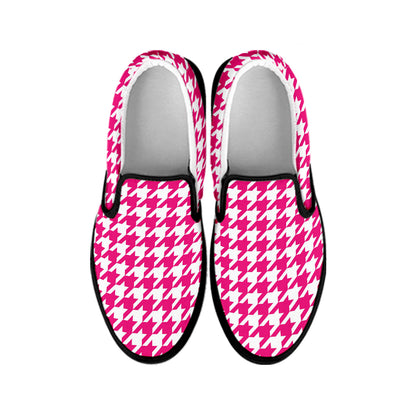 Hot Pink And White Houndstooth Print Black Slip On Shoes