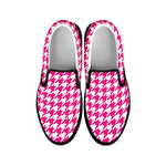 Hot Pink And White Houndstooth Print Black Slip On Shoes