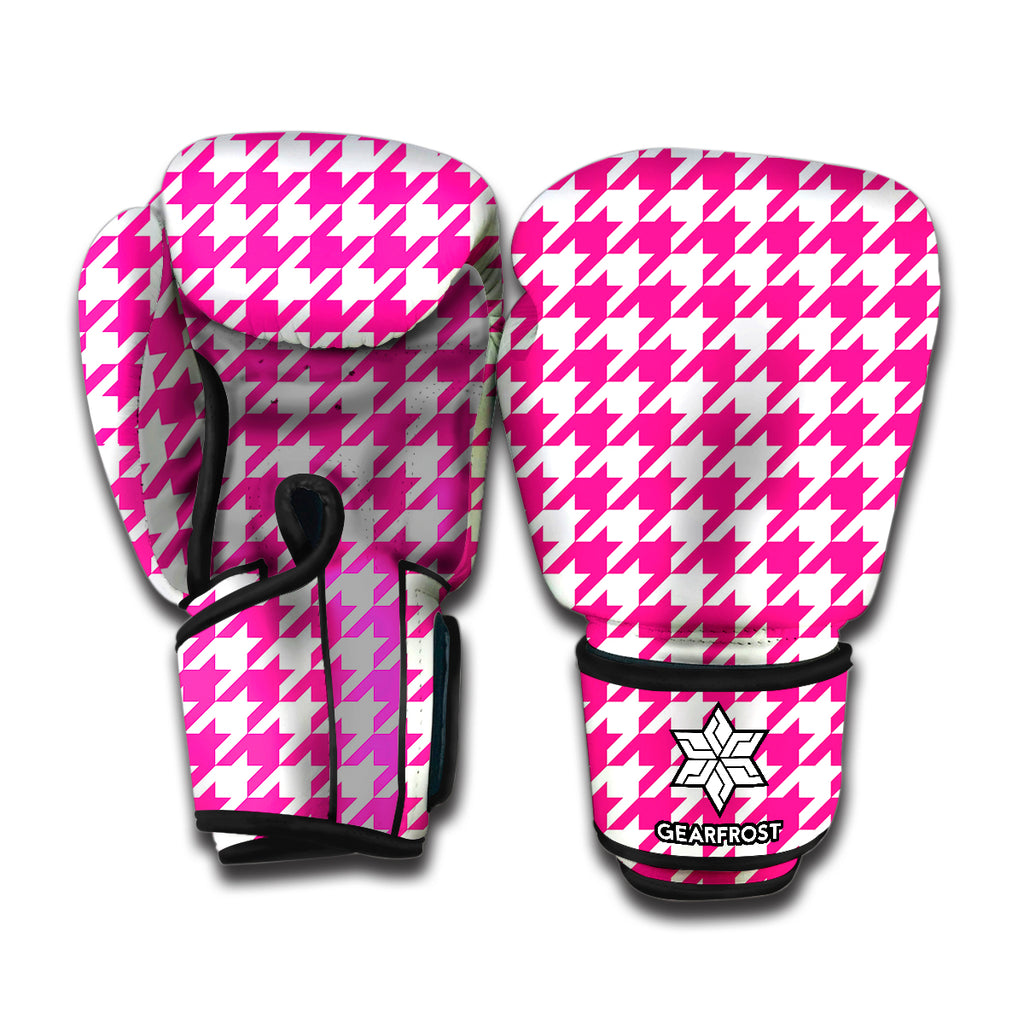 Hot Pink And White Houndstooth Print Boxing Gloves