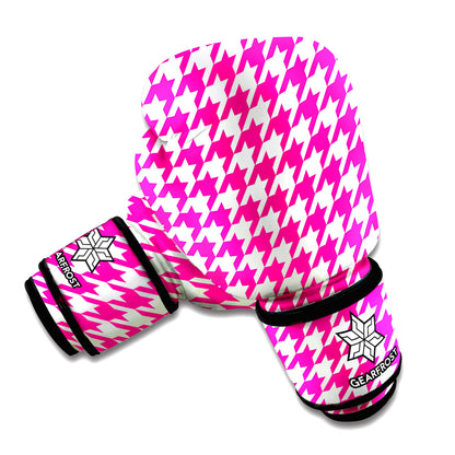 Hot Pink And White Houndstooth Print Boxing Gloves