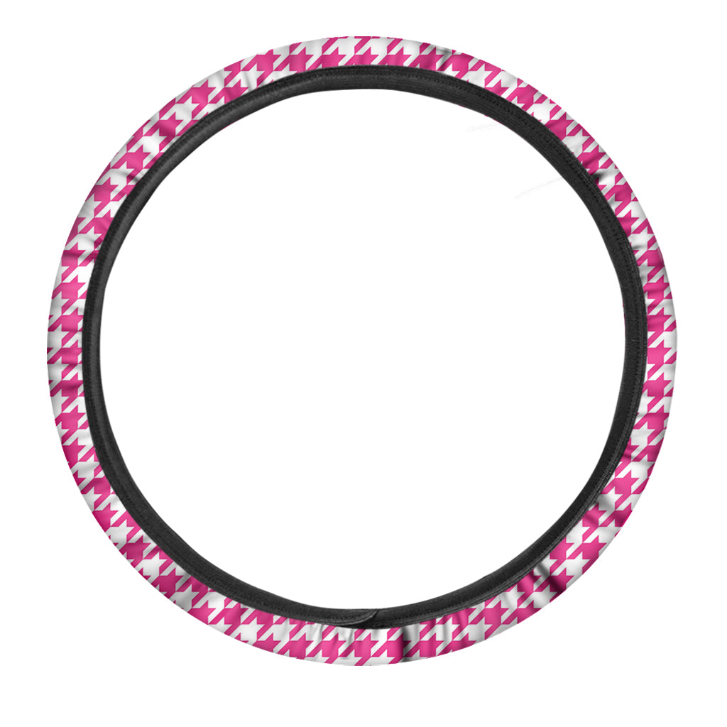 Hot Pink And White Houndstooth Print Car Steering Wheel Cover