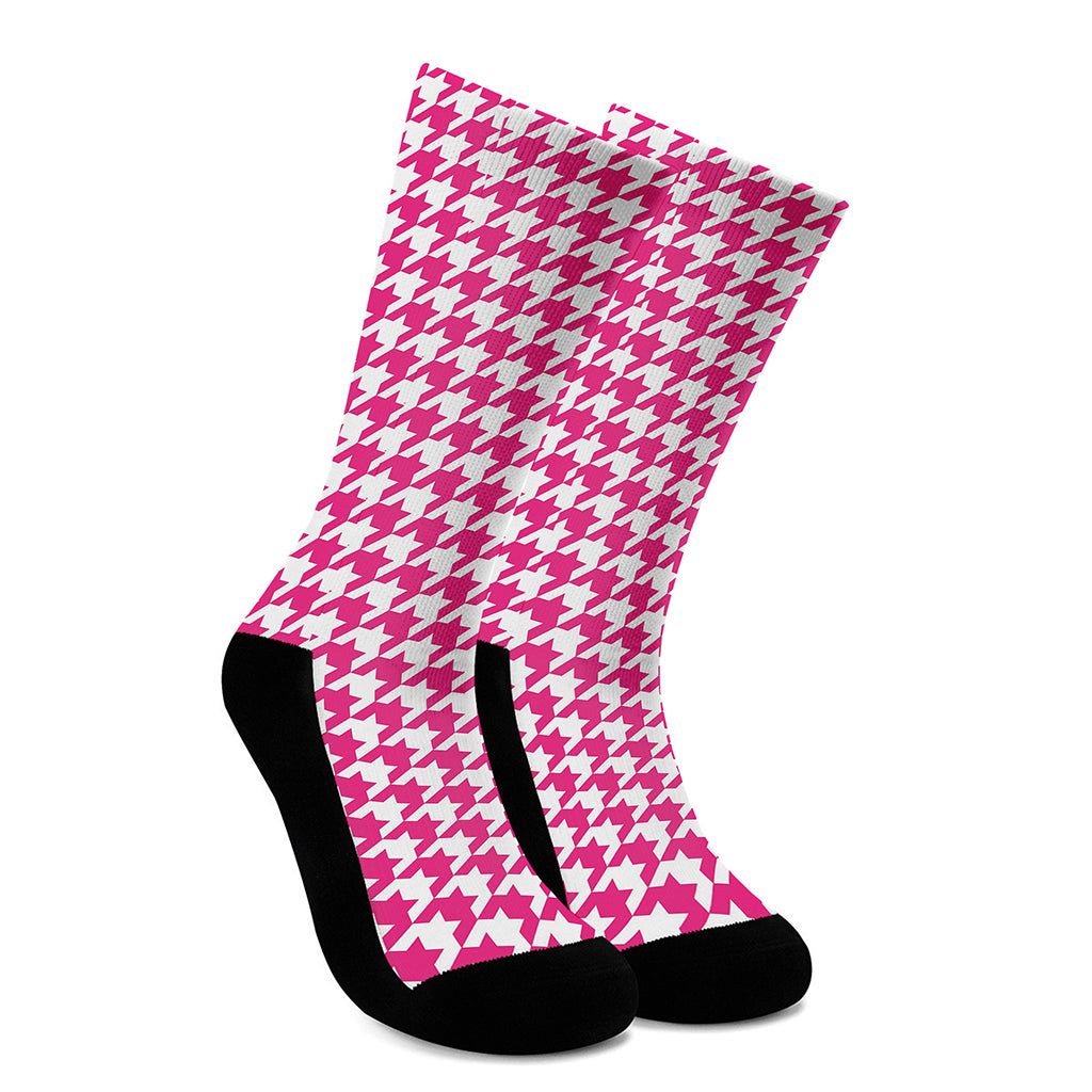Hot Pink And White Houndstooth Print Crew Socks