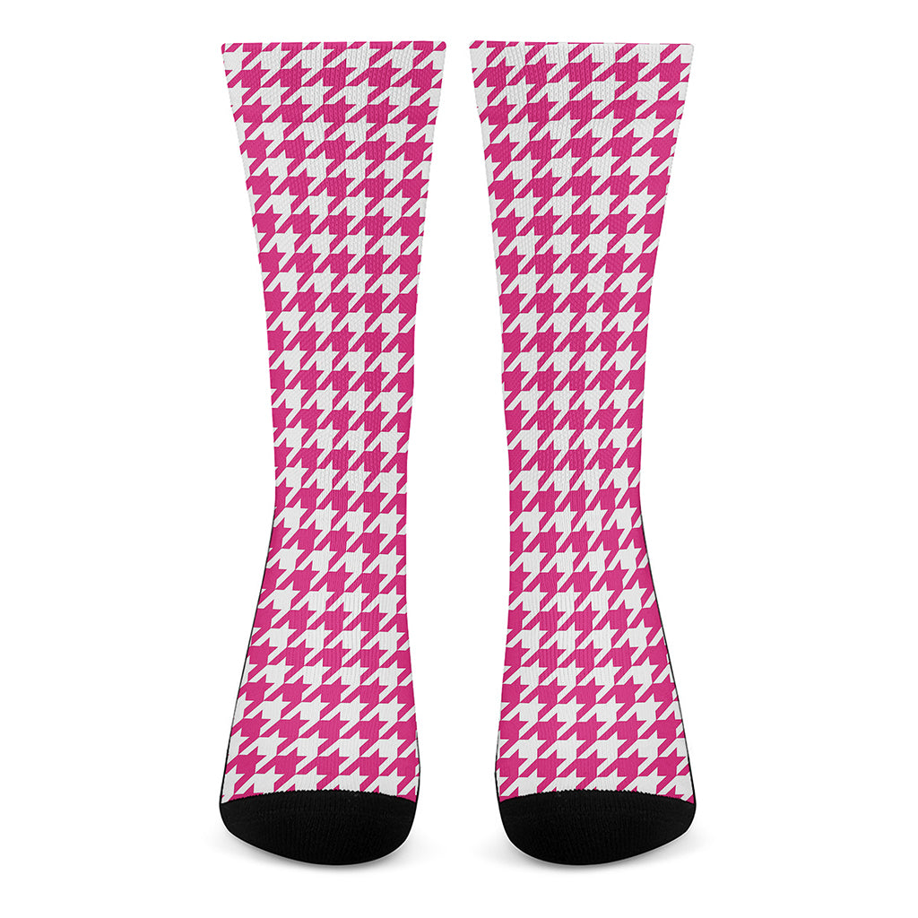 Hot Pink And White Houndstooth Print Crew Socks