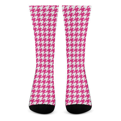 Hot Pink And White Houndstooth Print Crew Socks