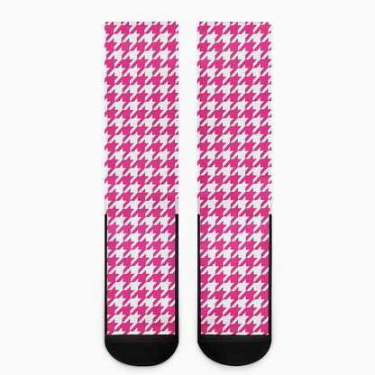 Hot Pink And White Houndstooth Print Crew Socks
