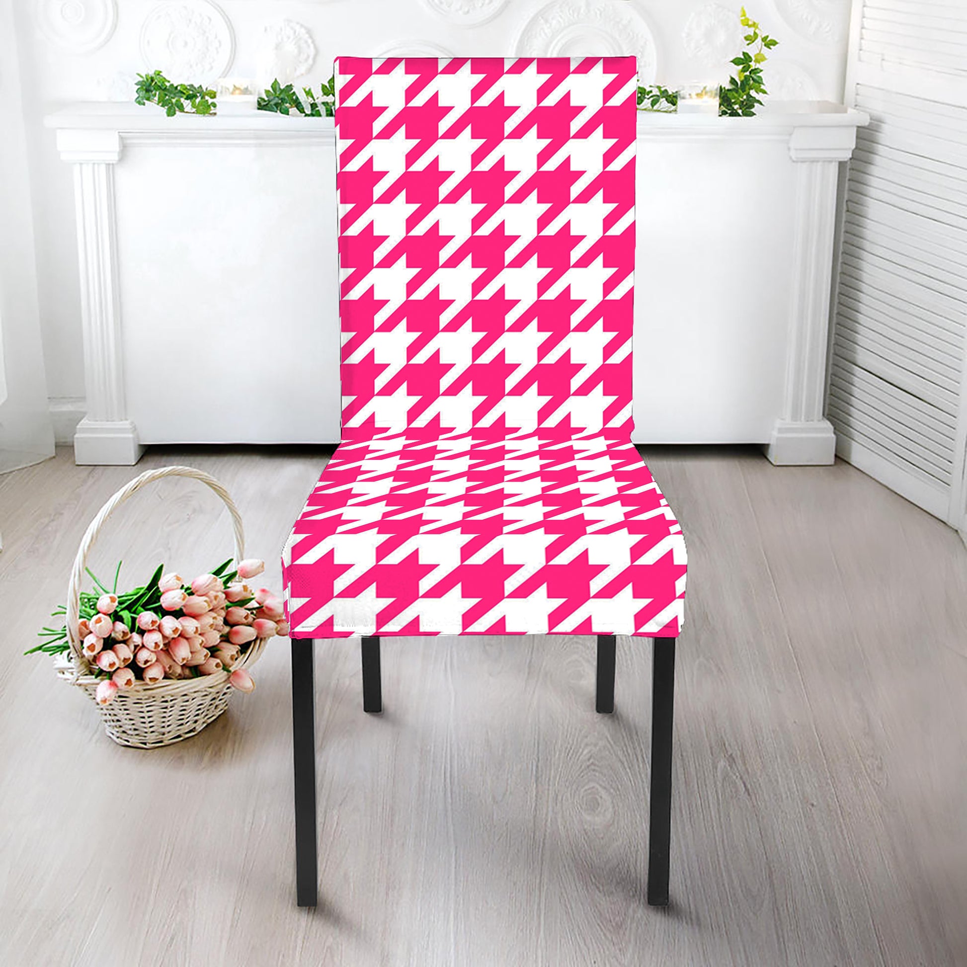 Hot Pink And White Houndstooth Print Dining Chair Slipcover
