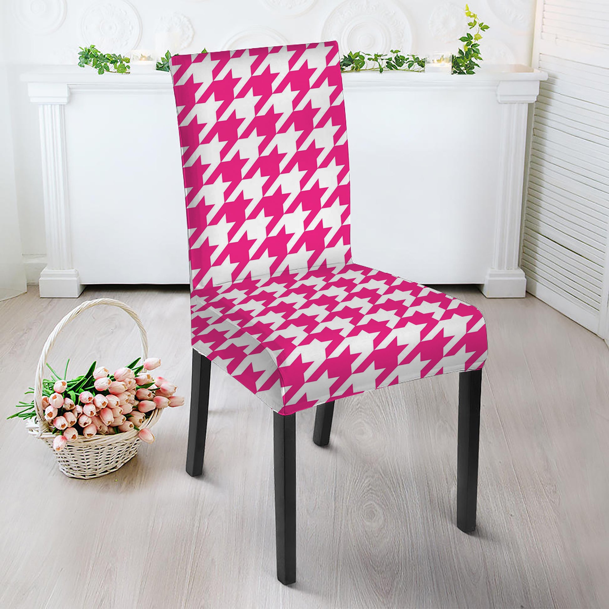 Hot Pink And White Houndstooth Print Dining Chair Slipcover