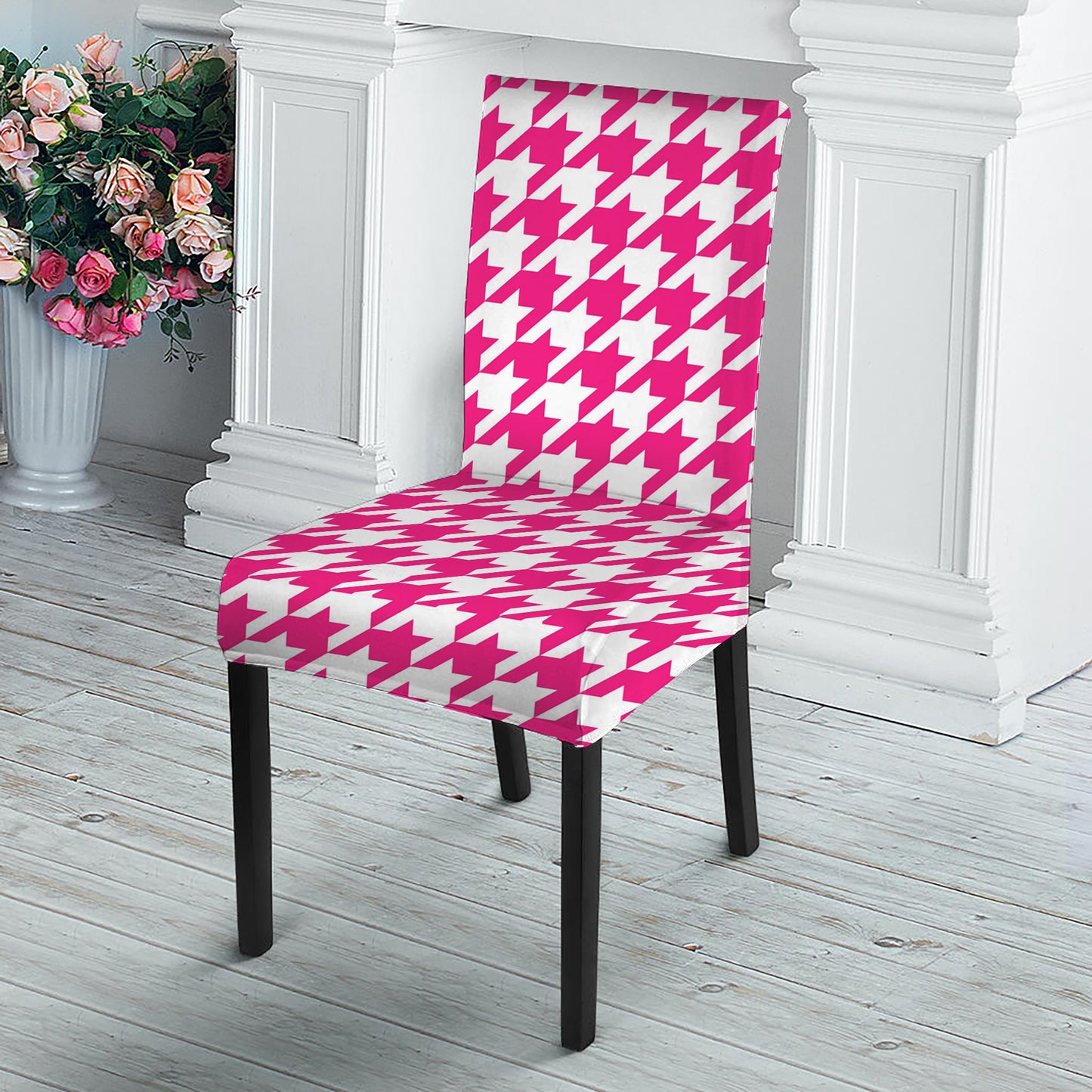 Hot Pink And White Houndstooth Print Dining Chair Slipcover