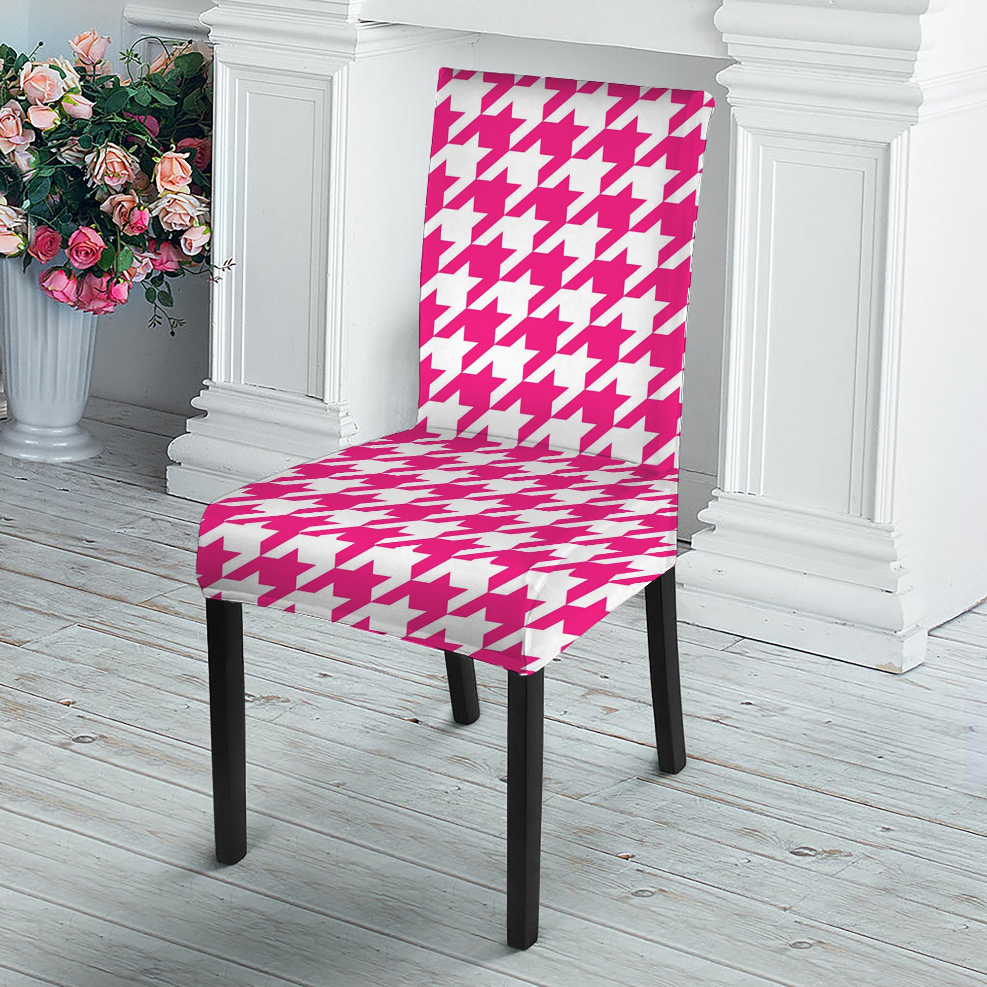 Hot Pink And White Houndstooth Print Dining Chair Slipcover