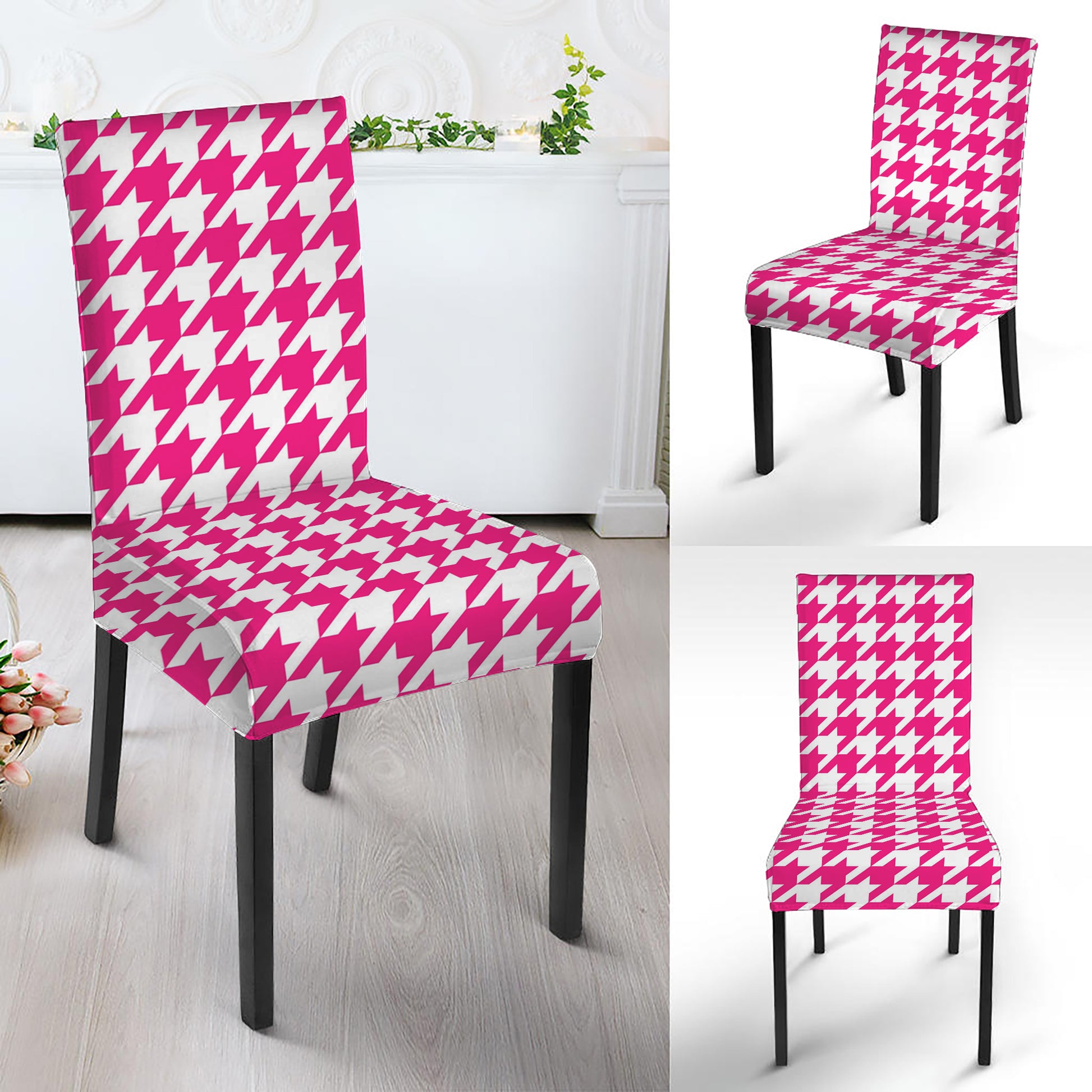 Hot Pink And White Houndstooth Print Dining Chair Slipcover