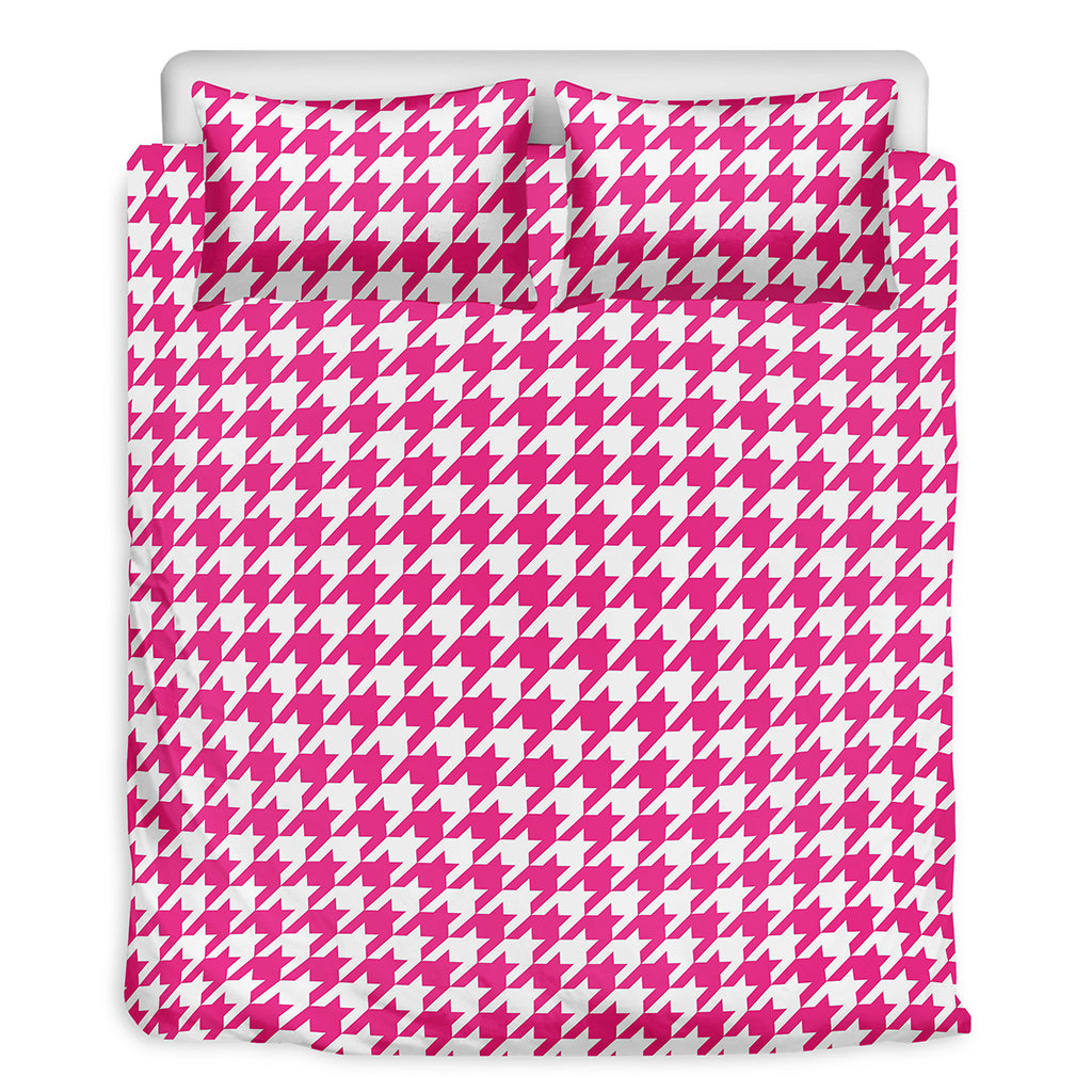 Hot Pink And White Houndstooth Print Duvet Cover Bedding Set