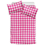 Hot Pink And White Houndstooth Print Duvet Cover Bedding Set