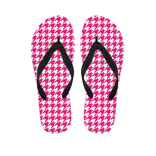 Hot Pink And White Houndstooth Print Flip Flops
