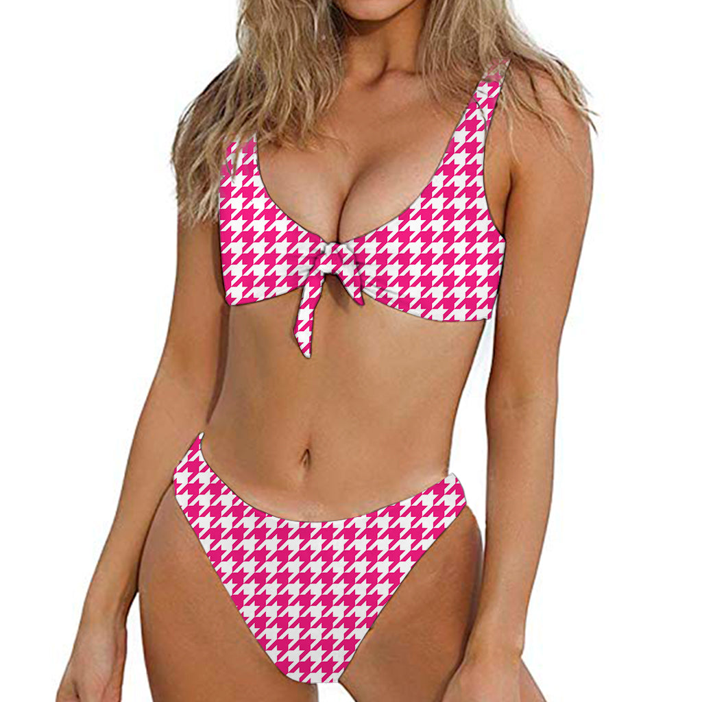 Hot Pink And White Houndstooth Print Front Bow Tie Bikini