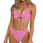 Hot Pink And White Houndstooth Print Front Bow Tie Bikini
