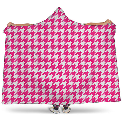 Hot Pink And White Houndstooth Print Hooded Blanket