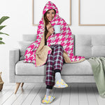 Hot Pink And White Houndstooth Print Hooded Blanket