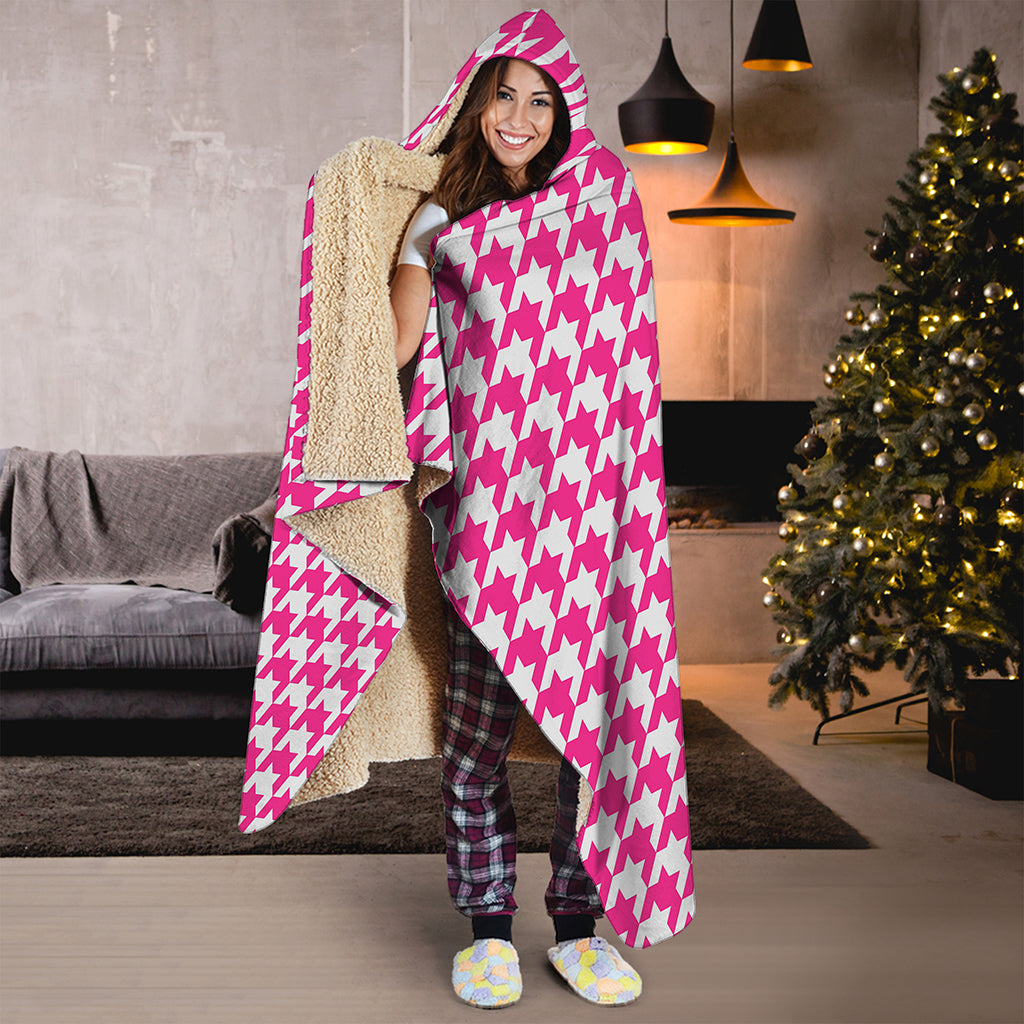 Hot Pink And White Houndstooth Print Hooded Blanket