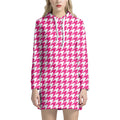 Hot Pink And White Houndstooth Print Pullover Hoodie Dress