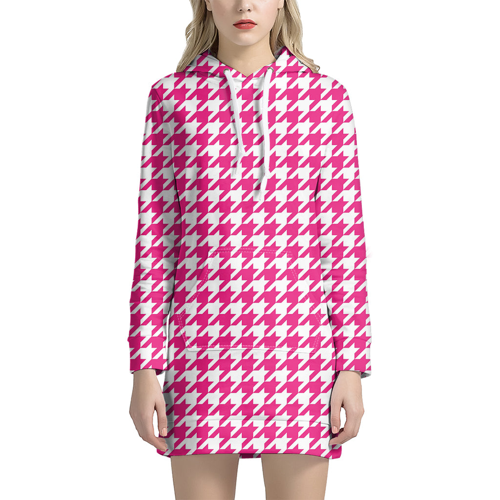 Hot Pink And White Houndstooth Print Hoodie Dress