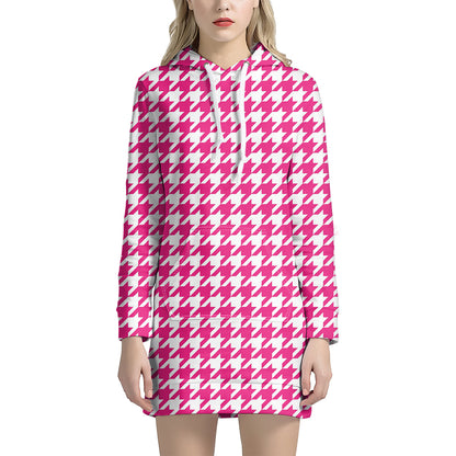 Hot Pink And White Houndstooth Print Hoodie Dress