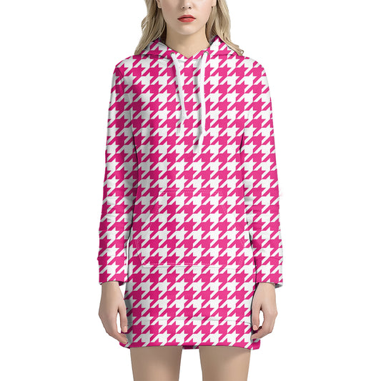 Hot Pink And White Houndstooth Print Hoodie Dress