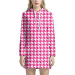 Hot Pink And White Houndstooth Print Hoodie Dress