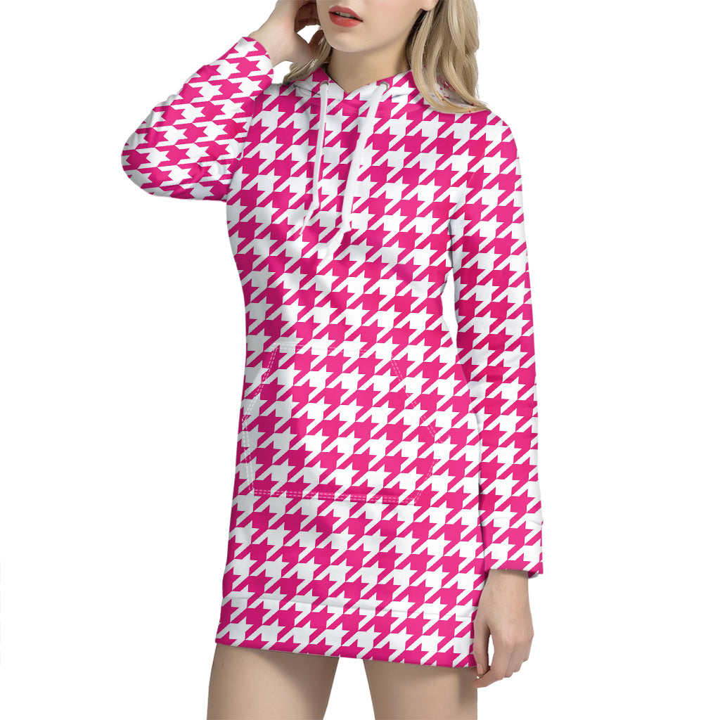 Hot Pink And White Houndstooth Print Hoodie Dress