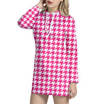 Hot Pink And White Houndstooth Print Hoodie Dress