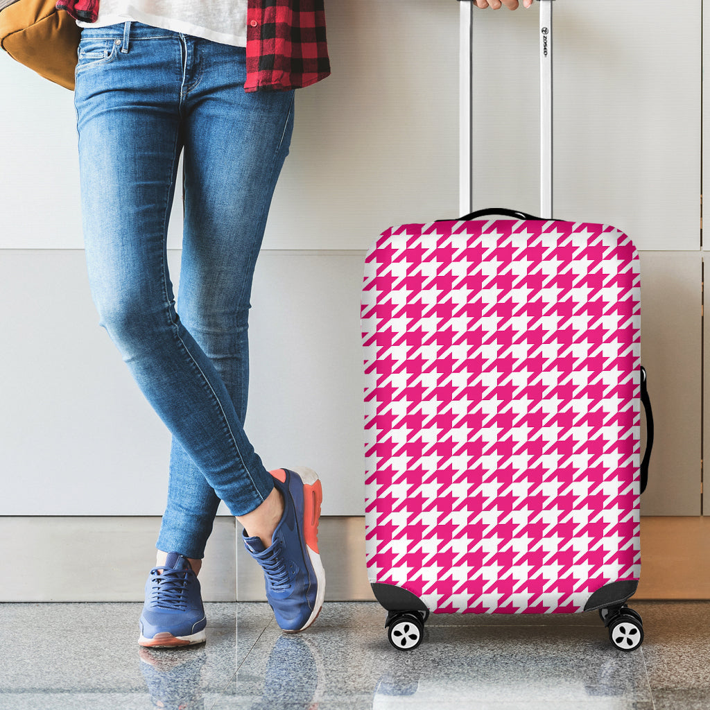 Hot Pink And White Houndstooth Print Luggage Cover