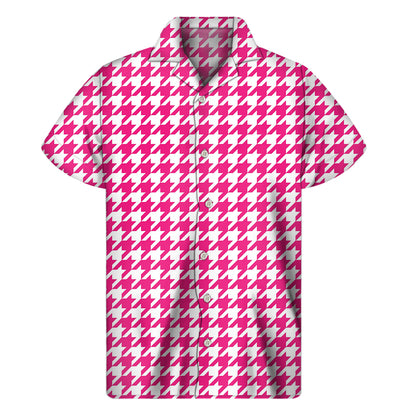 Hot Pink And White Houndstooth Print Men's Short Sleeve Shirt