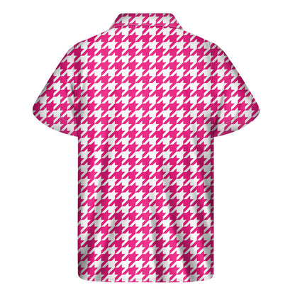 Hot Pink And White Houndstooth Print Men's Short Sleeve Shirt