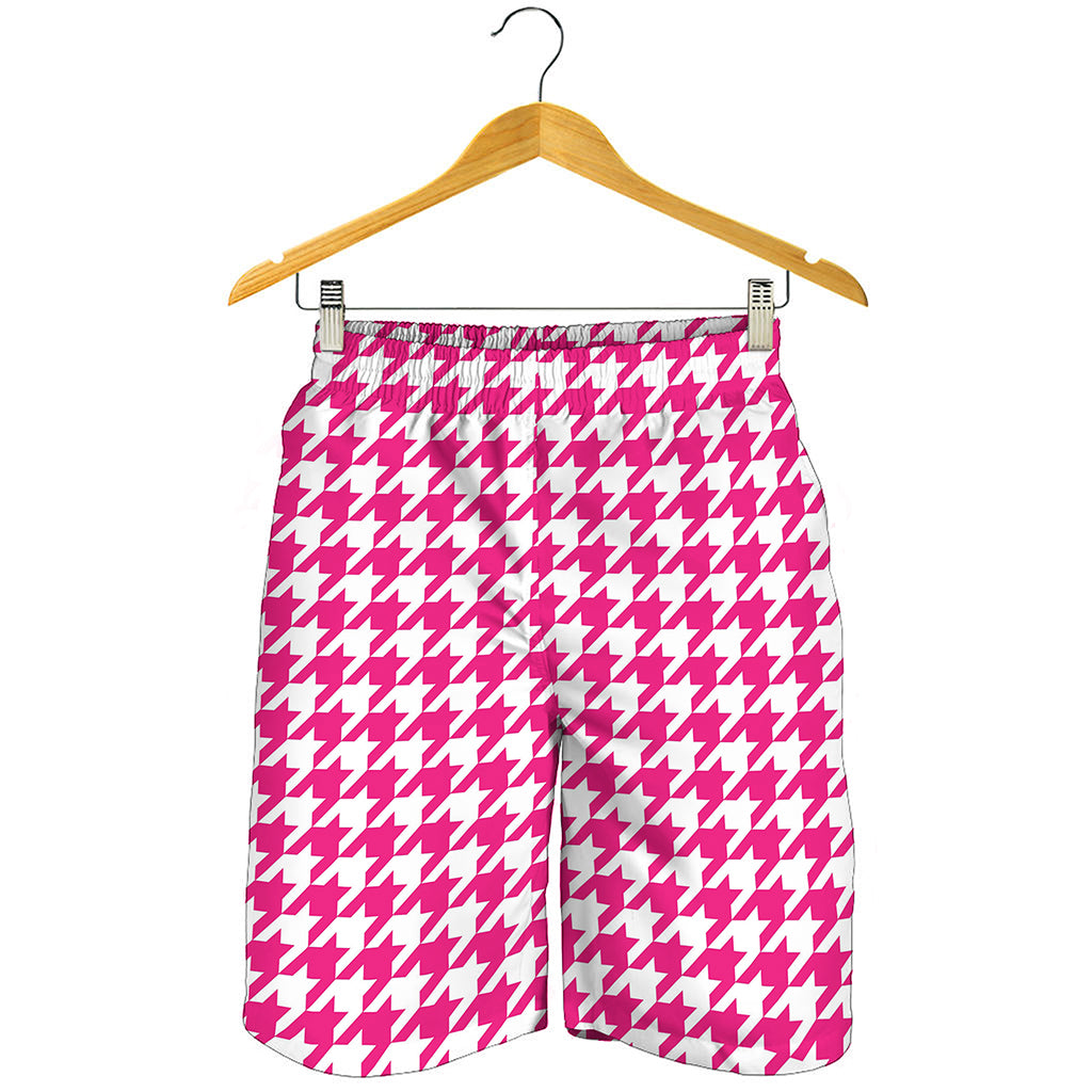 Hot Pink And White Houndstooth Print Men's Shorts