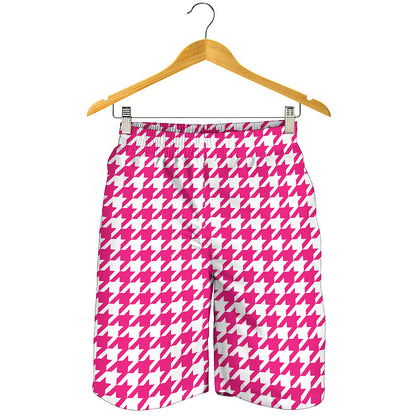 Hot Pink And White Houndstooth Print Men's Shorts