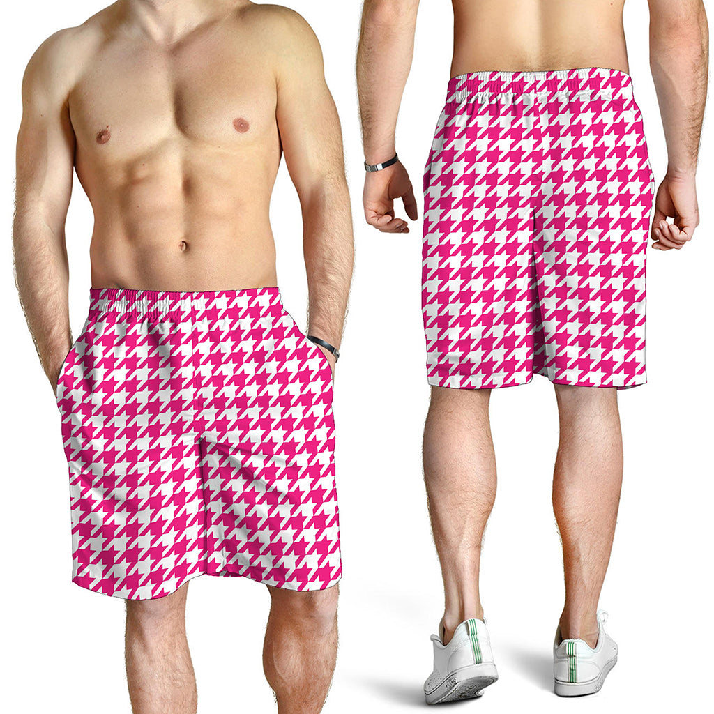 Hot Pink And White Houndstooth Print Men's Shorts