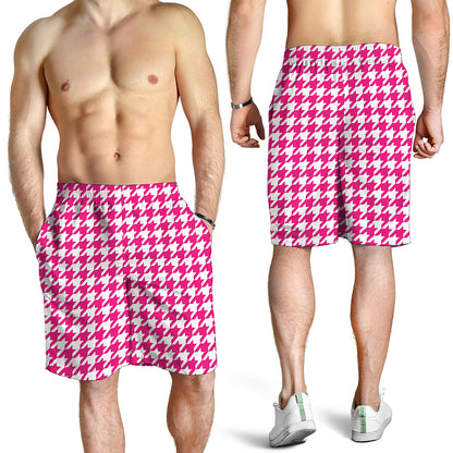 Hot Pink And White Houndstooth Print Men's Shorts