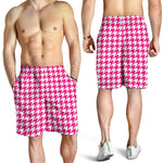 Hot Pink And White Houndstooth Print Men's Shorts