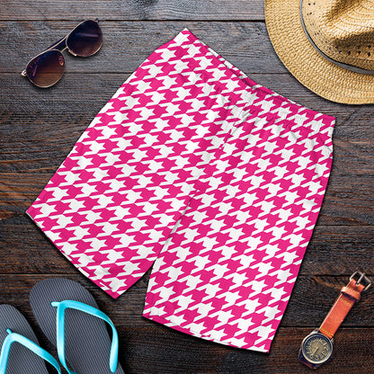 Hot Pink And White Houndstooth Print Men's Shorts