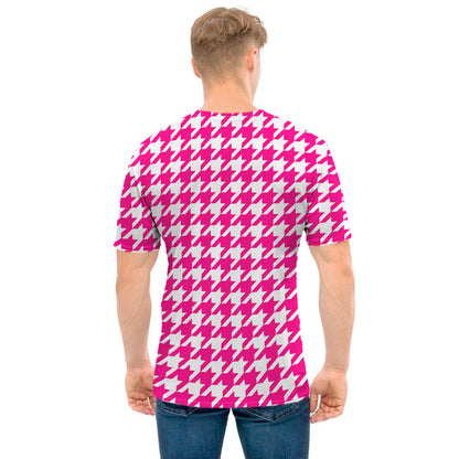 Hot Pink And White Houndstooth Print Men's T-Shirt
