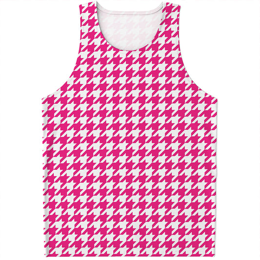 Hot Pink And White Houndstooth Print Men's Tank Top