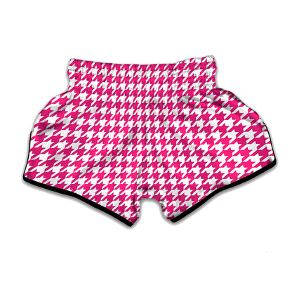 Hot Pink And White Houndstooth Print Muay Thai Boxing Shorts