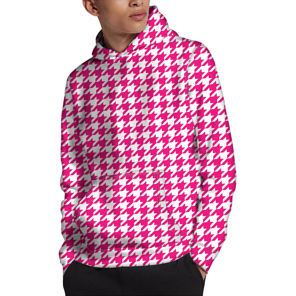 Hot Pink And White Houndstooth Print Pullover Hoodie