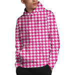 Hot Pink And White Houndstooth Print Pullover Hoodie