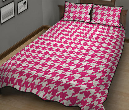 Hot Pink And White Houndstooth Print Quilt Bed Set