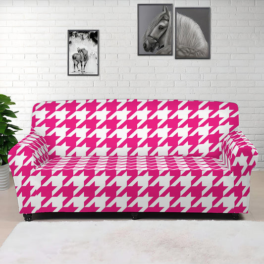 Hot Pink And White Houndstooth Print Sofa Cover