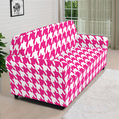 Hot Pink And White Houndstooth Print Sofa Cover