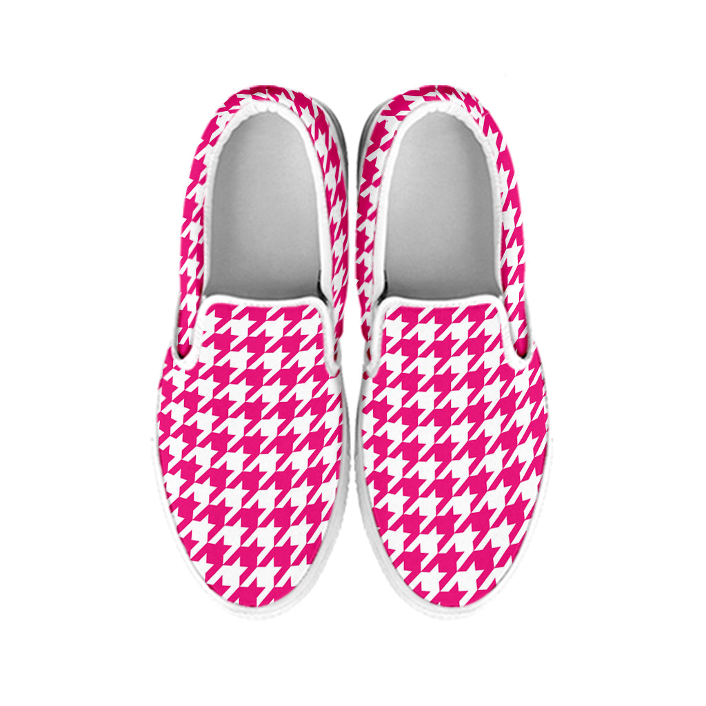 Hot Pink And White Houndstooth Print White Slip On Shoes