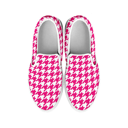 Hot Pink And White Houndstooth Print White Slip On Shoes